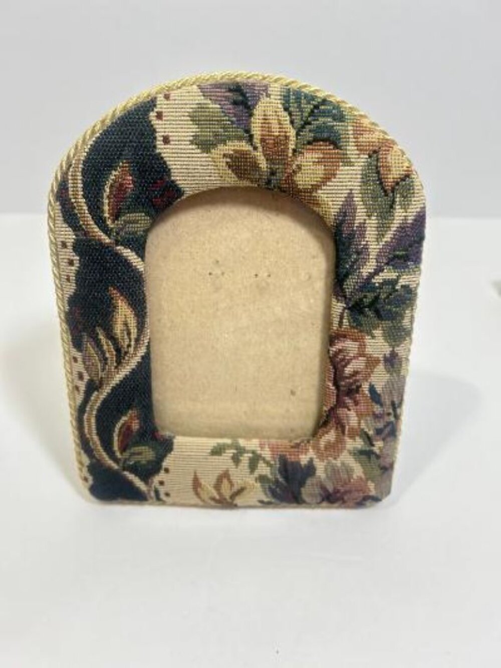 Vintage Floral Tapestry Picture Frame W/ Arched Top Twisted Gold-Tone Cord Trim